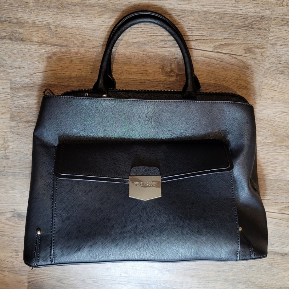 Steve Madden Black Purse Bucket Bag Hobo 2 Handle Zip Pockets Basic Blank Plain